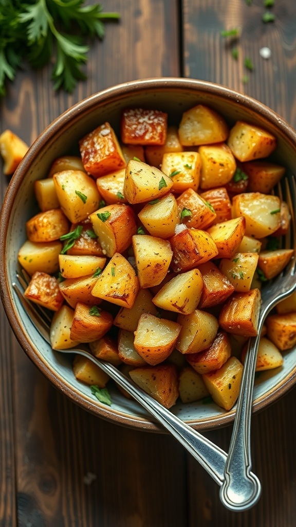 Crispy Diced Baked Potatoes in Air Fryer Crispy diced baked potatoes garnished with herbs in a rustic bowl on a wooden table.